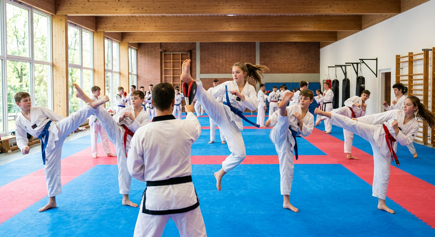 Alumnos entrenando Taekwondo en el tatami de Konecta Academy